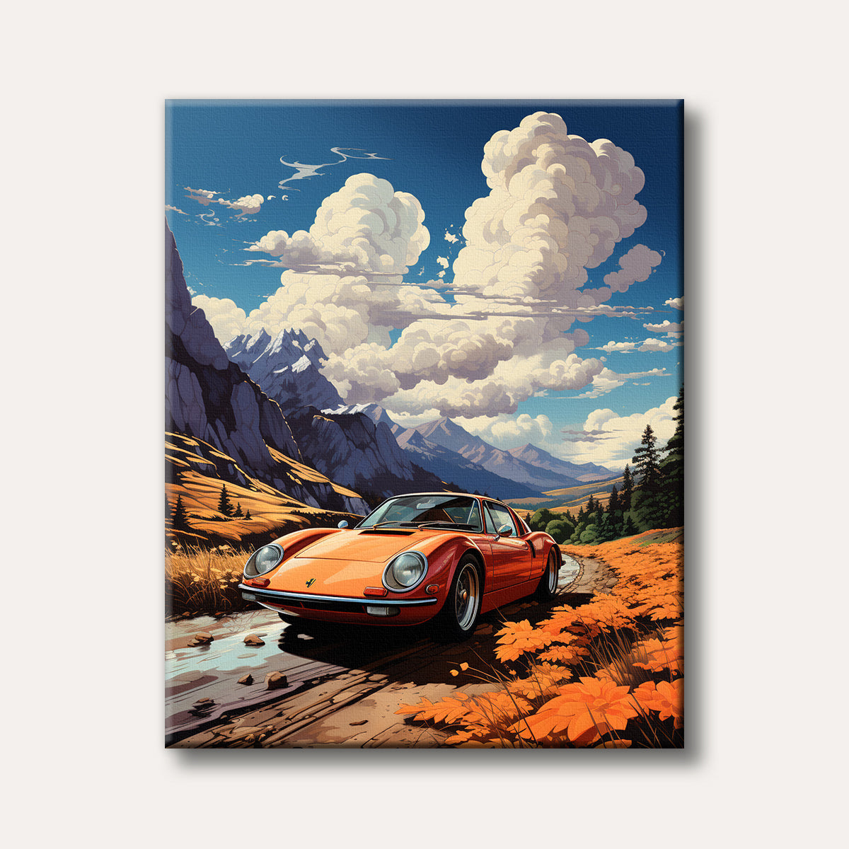 An orange vintage sports car is depicted on a scenic mountain road during autumn under a vibrant blue sky, rendered in a bright, stylized art style.