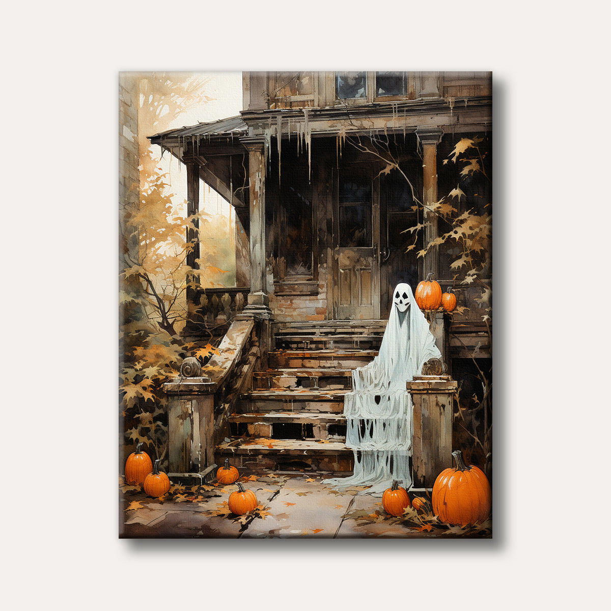 An old, decaying house porch with a white ghost figure and orange pumpkins, set among autumn leaves in a painterly watercolour style, evoking a spooky Halloween mood.