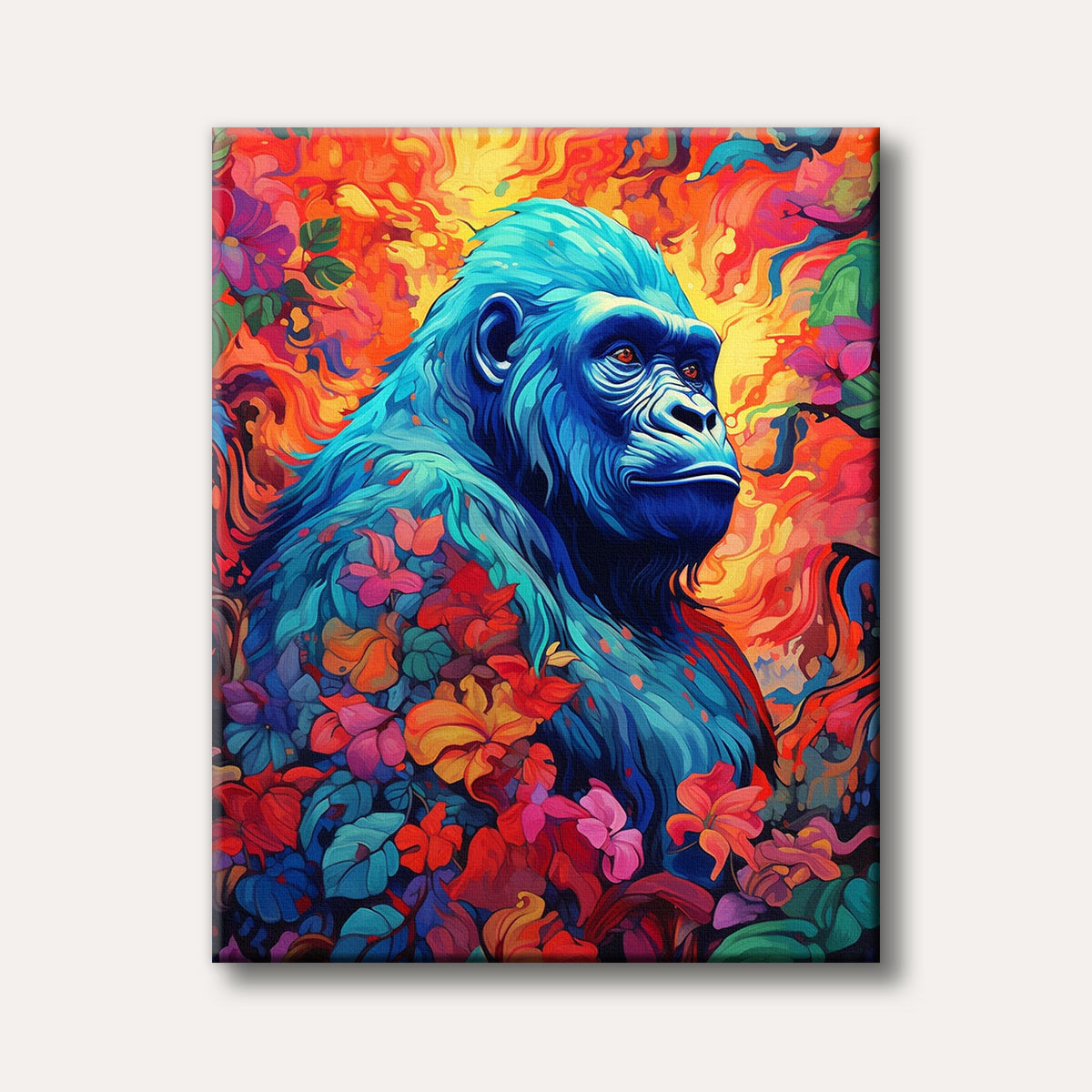 A vibrant blue gorilla with orange eyes is depicted against a swirling, abstract background of warm orange, red, and yellow colours, adorned with colourful stylized flowers, in a bold, artistic style.