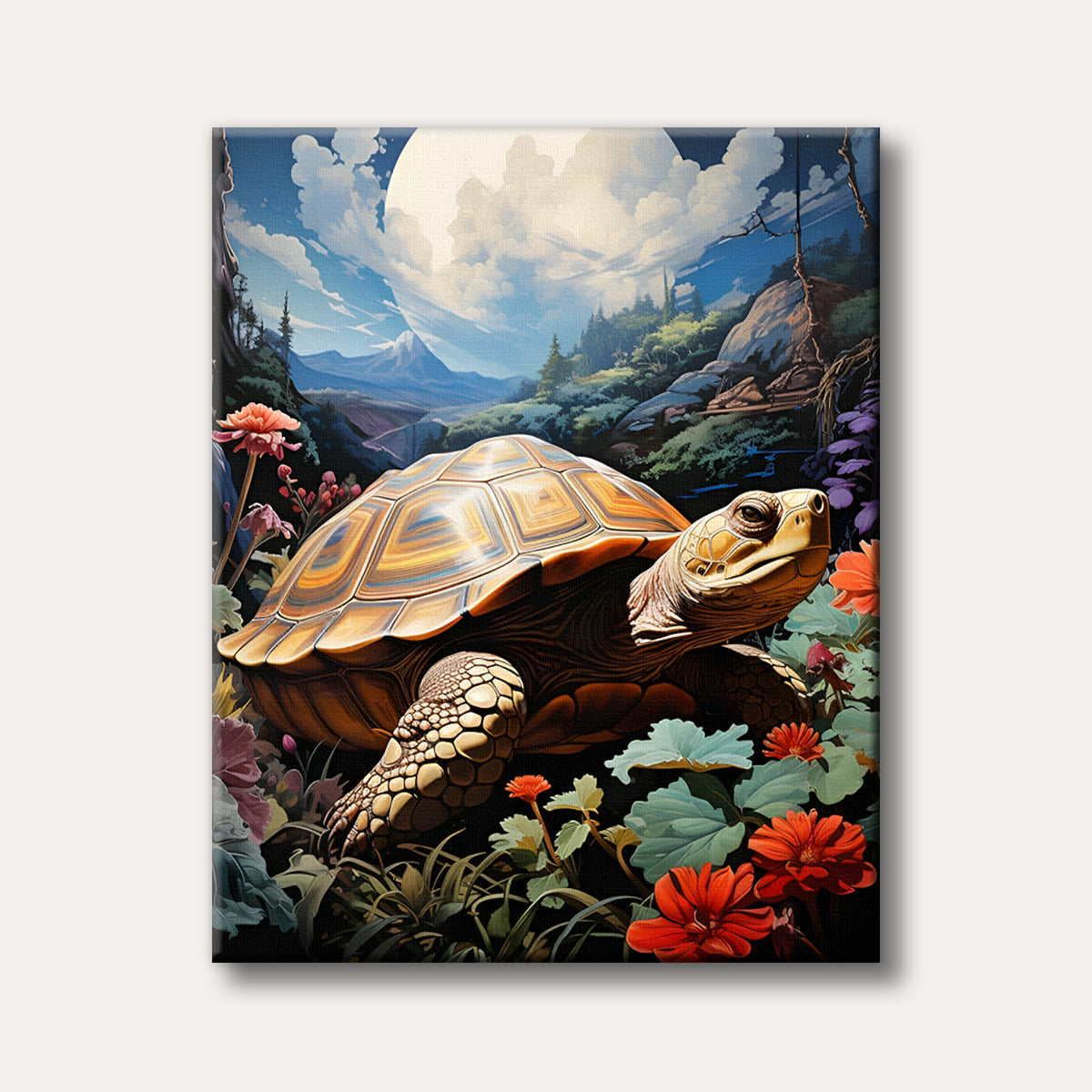 A majestic turtle with a detailed shell rests among vibrant flowers and lush foliage under a vast, glowing moon in a serene, fantastical landscape.