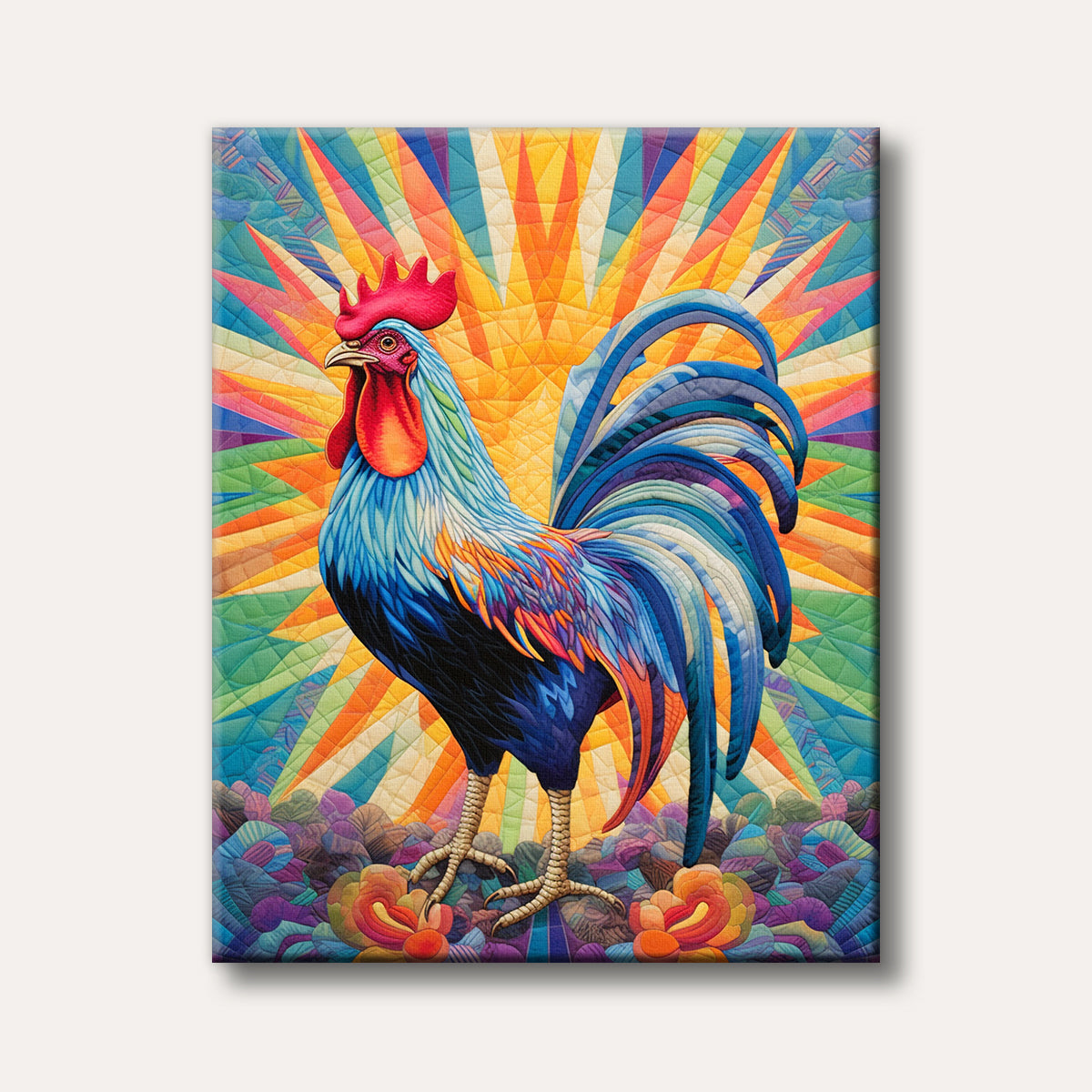 A vibrant, colourful rooster with blue, orange, and red feathers stands against a radiating sunburst background, depicted in a unique quilted textile art style.
