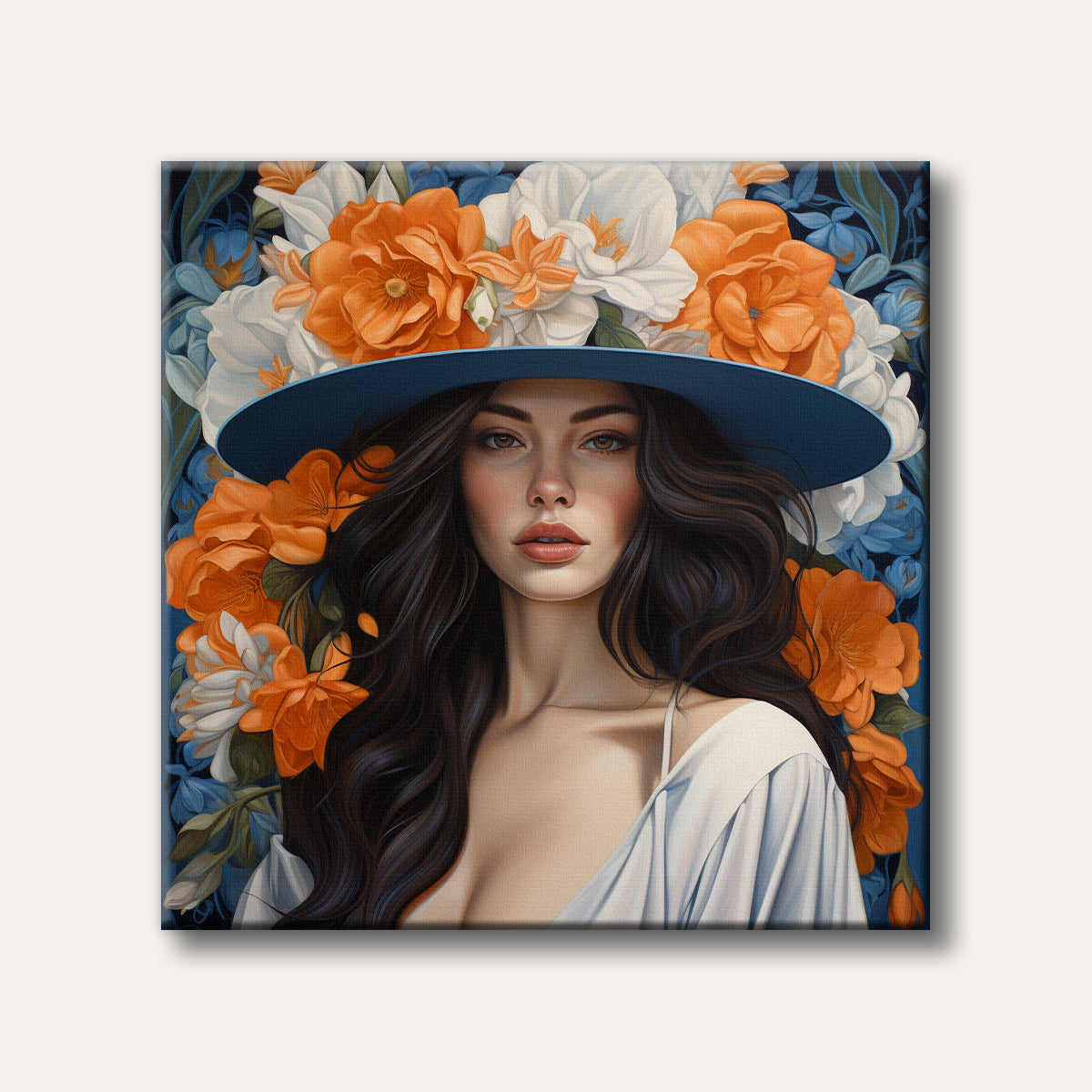 A captivating portrait of a woman wearing a wide-brimmed blue hat, surrounded by vibrant orange and white flowers on a dark blue floral background, painted in a detailed and elegant style.