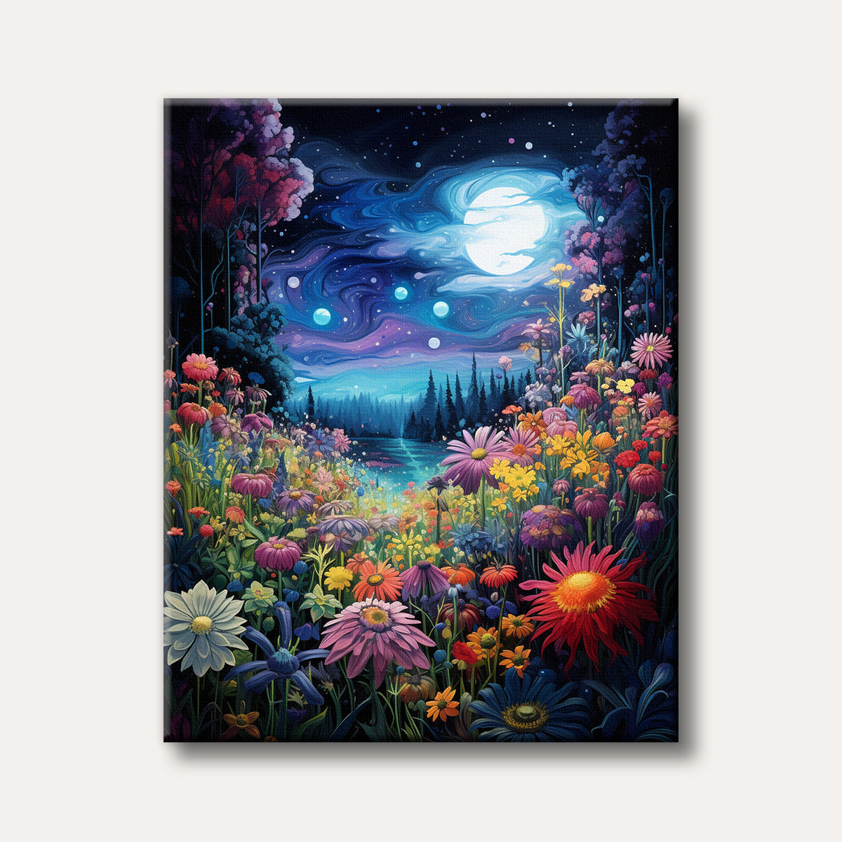A vibrant painting depicts a lush field of colourful flowers under a swirling, moonlit night sky, featuring a large glowing moon and distant forest, rendered in a magical, illustrative style.