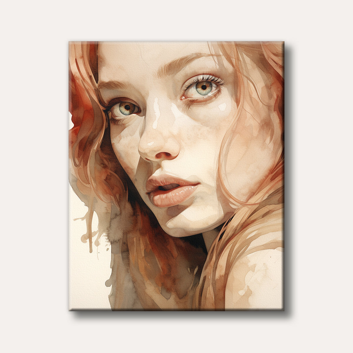 A close-up watercolour portrait of a woman with auburn hair and striking blue-green eyes, rendered in a soft, ethereal style with expressive brushstrokes.