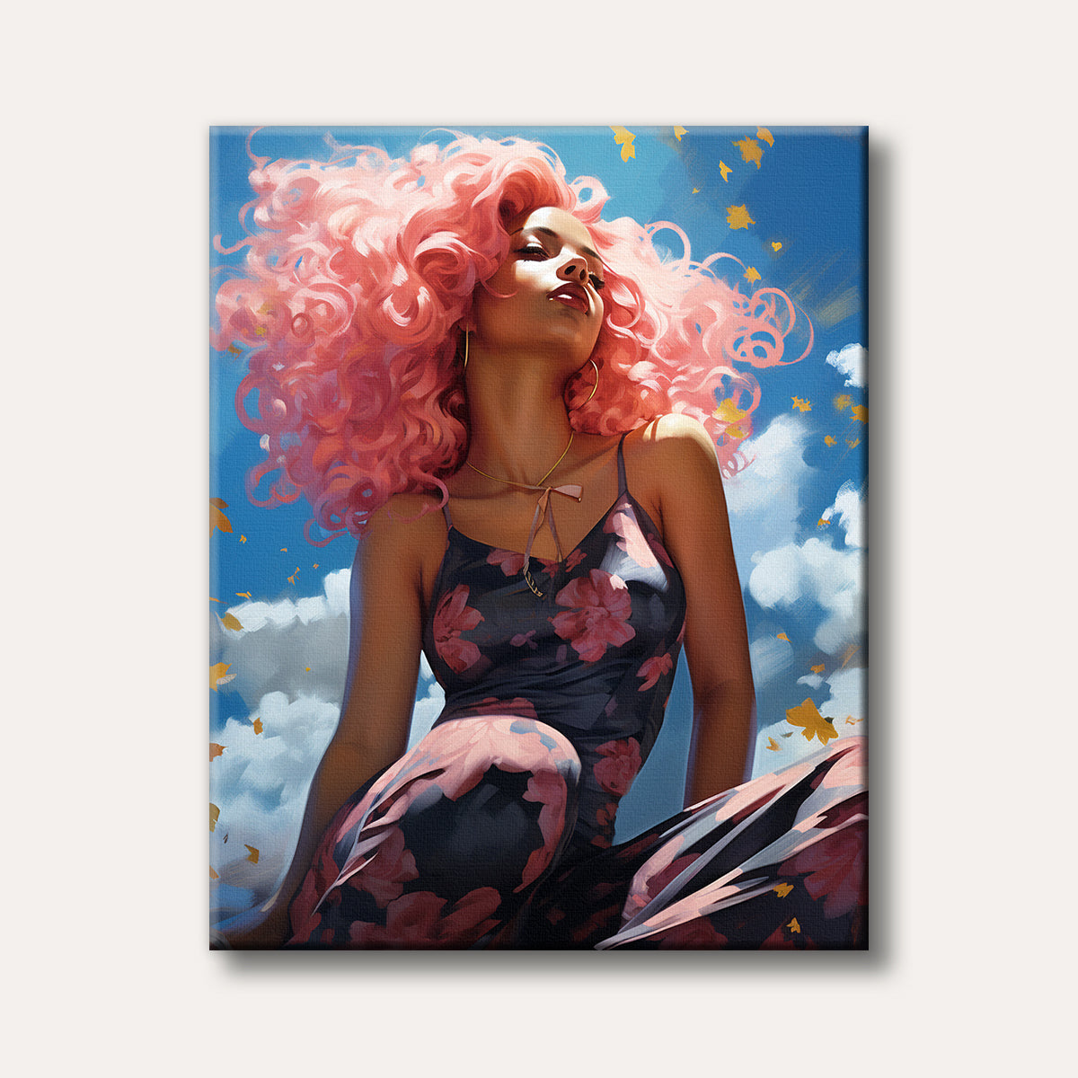 A painting of a woman with voluminous pink curly hair, looking upwards against a bright blue sky with white clouds and falling yellow leaves, rendered in a vibrant artistic style.