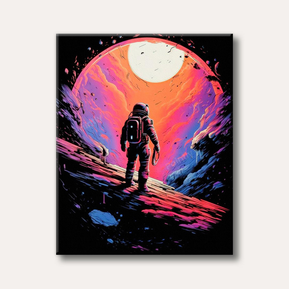 A lone astronaut stands on a vibrant alien planet under a glowing moon-like orb, rendered in a dynamic, neon-outlined graphic novel style.