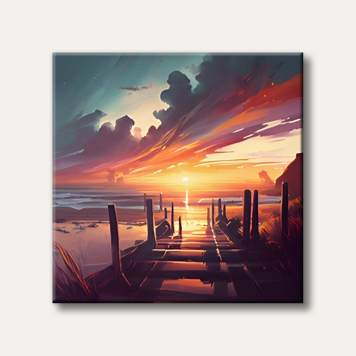 A vibrant painting of a sunset over the ocean, with a wooden pier leading towards the sun's reflection on the water, featuring warm orange and red hues.