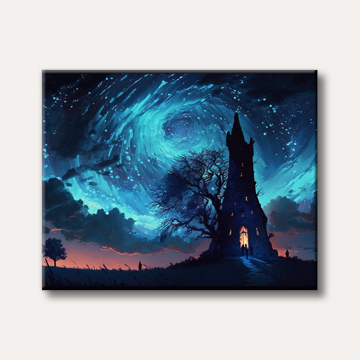 A mystical dark tower with glowing windows and a large bare tree under a dramatic, swirling blue and green starry night sky with a crescent moon, depicted in a fantastical art style.