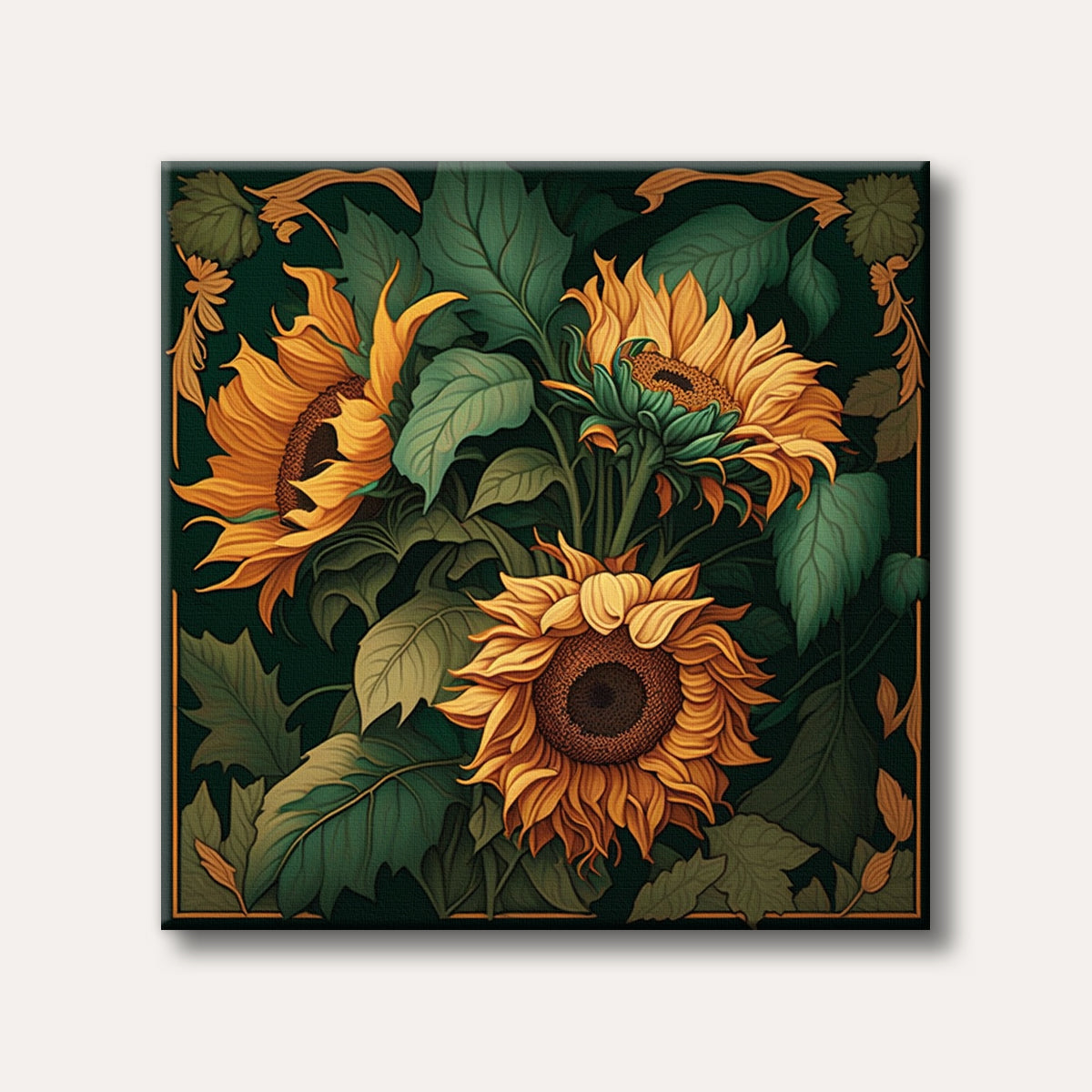 A detailed illustration of three vibrant sunflowers with golden petals and deep green leaves, set against a dark background with decorative borders.