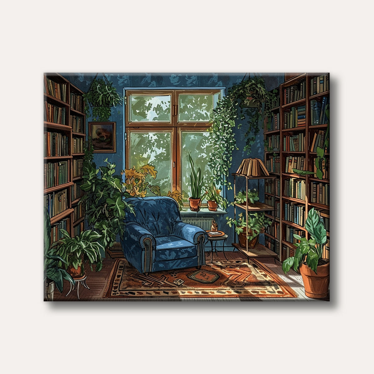 An illustrative painting of a cozy reading nook featuring an inviting blue armchair surrounded by overflowing bookshelves and lush green houseplants, bathed in warm sunlight.
