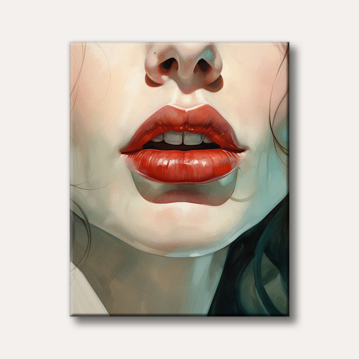 A vibrant close-up painting of a woman's mouth, featuring bold, glossy red lips slightly parted, depicted in a detailed and expressive artistic style.