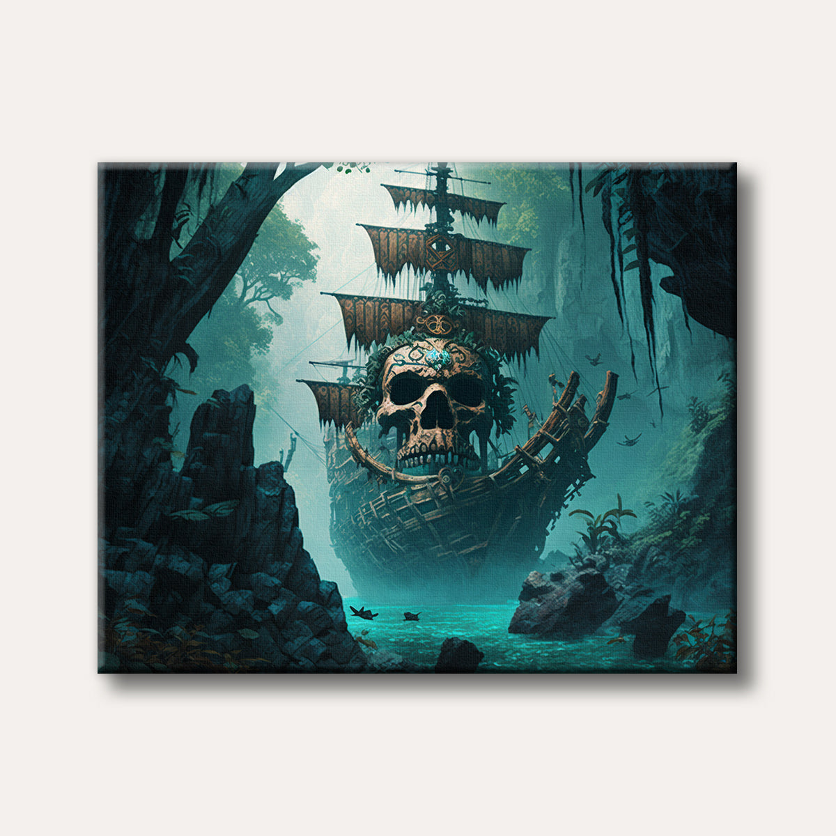 A haunting image of a derelict pirate ship with a giant skull figurehead, sailing through a mystical, misty jungle river in a fantastical art style.