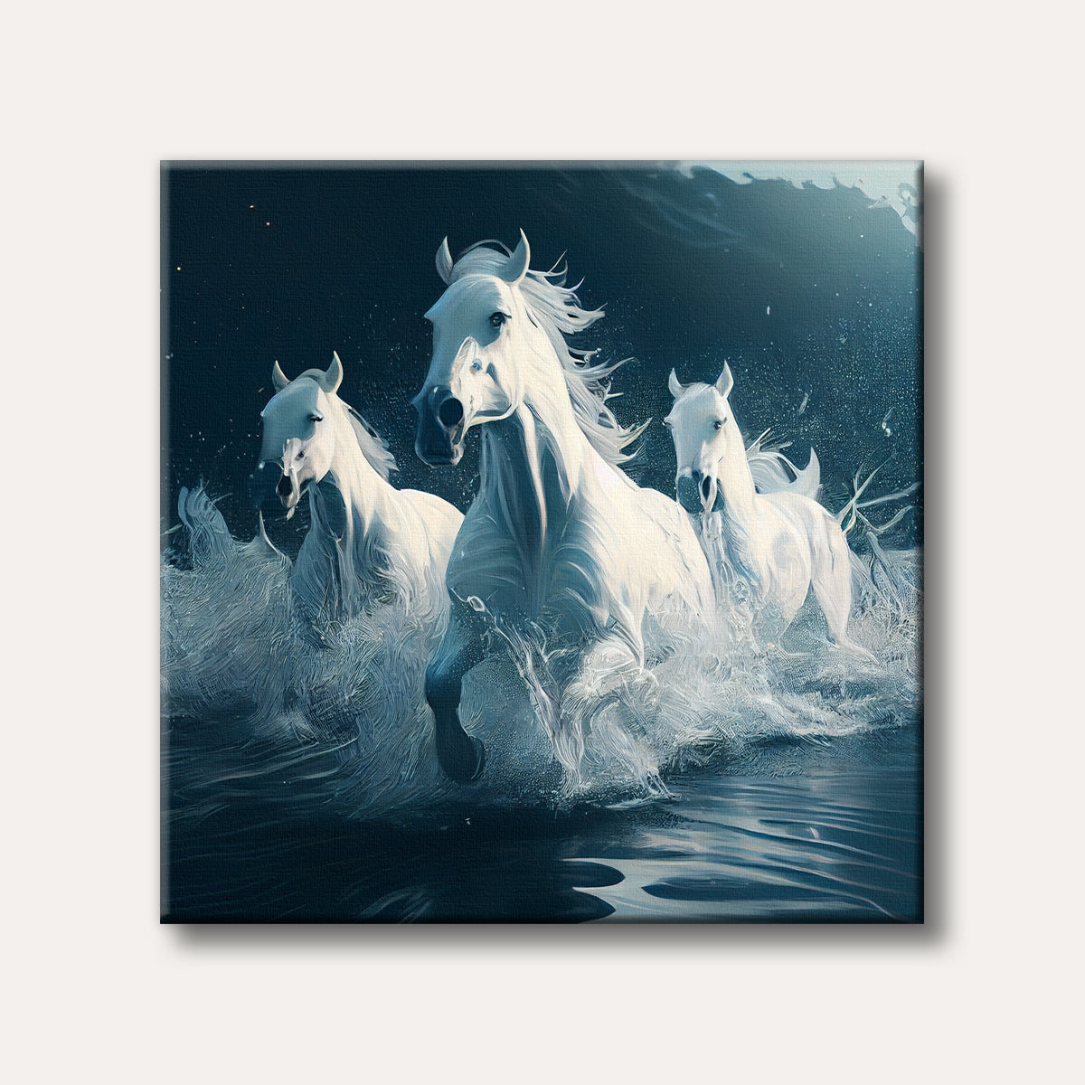 Three majestic white horses with flowing manes and tails gallop through dark, splashing water, depicted in a dynamic and ethereal art style.