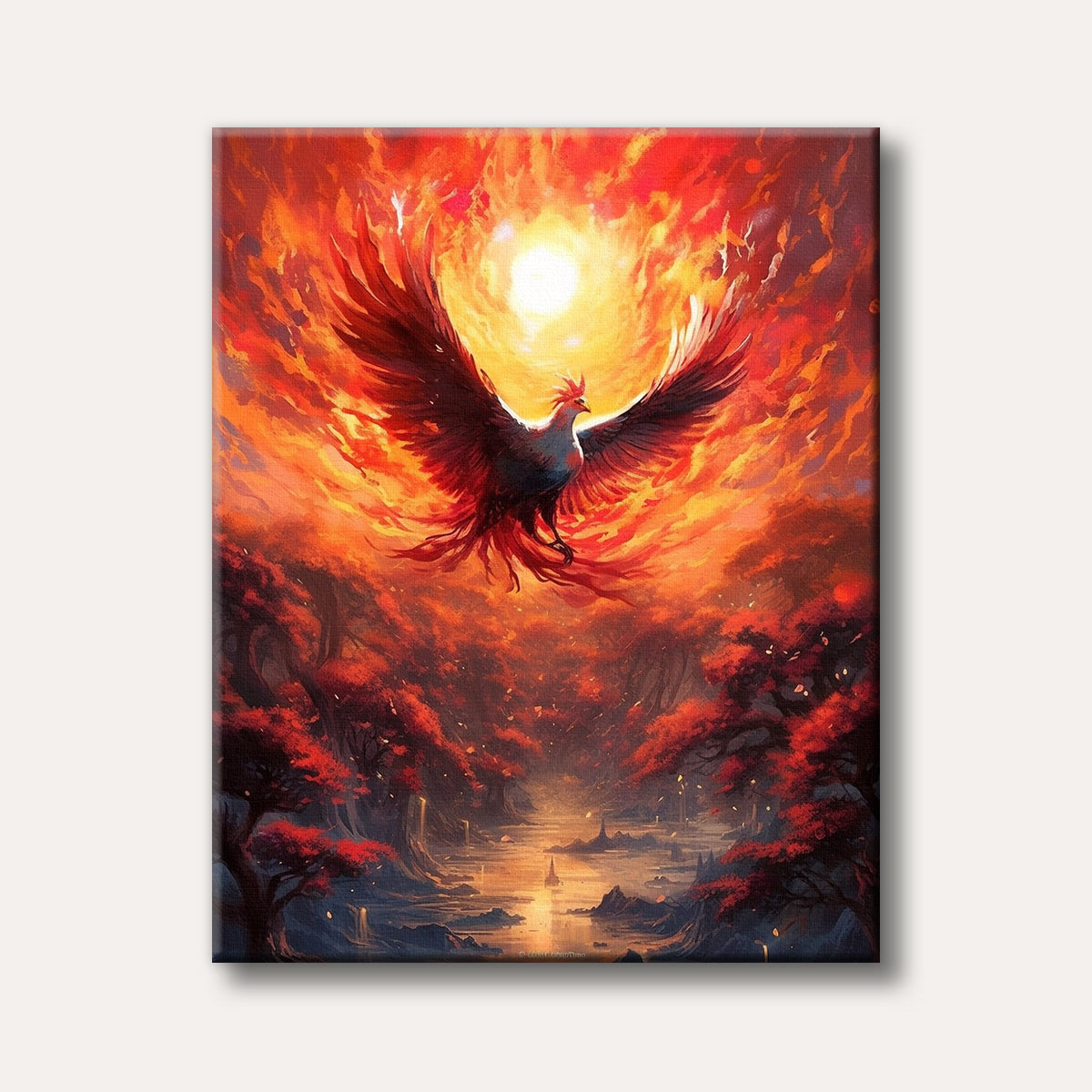 A majestic phoenix with fiery red wings soars through a vibrant, orange-red sky above a mystical forest, painted in a fantasy art style.