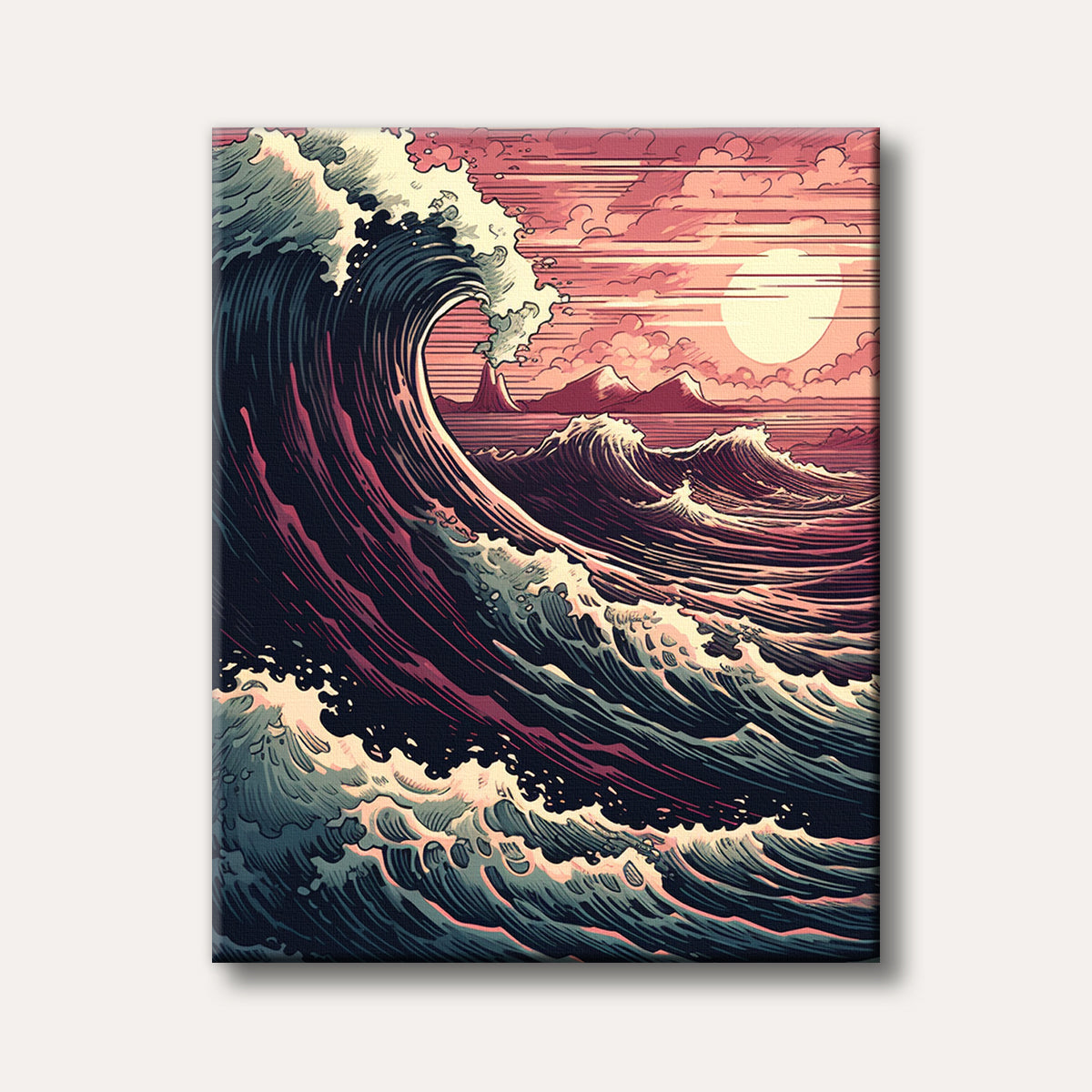 A stylized illustration of a colossal ocean wave crashing under a dramatic pink and orange sunset sky with distant mountains, rendered in a graphic art style.