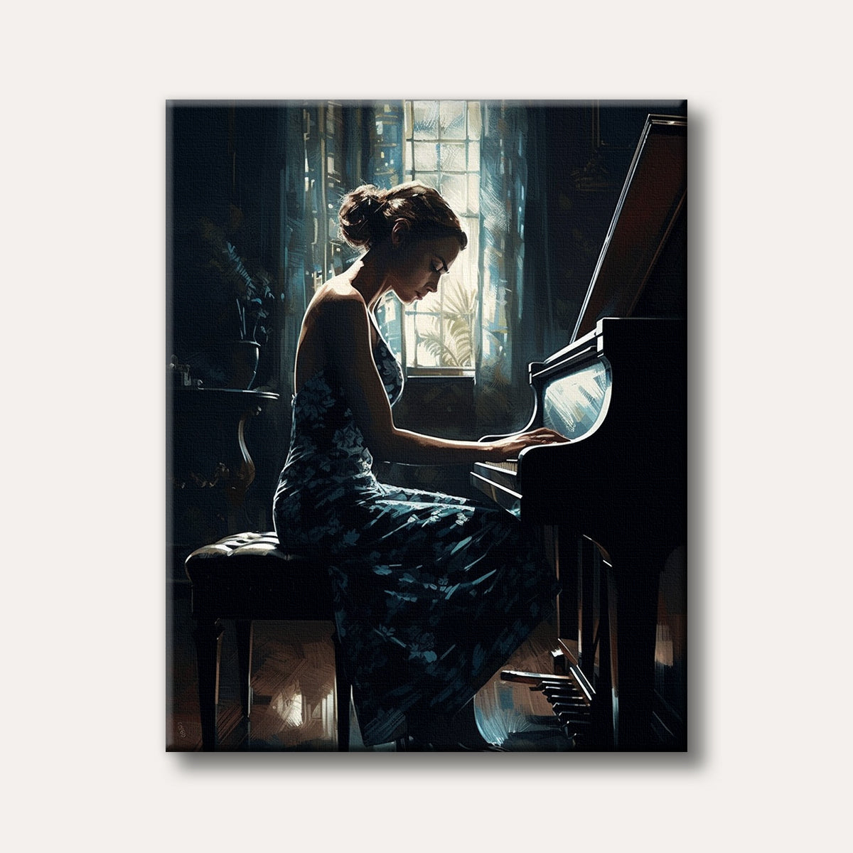A woman in a patterned dress plays a grand piano by a tall window, with soft light illuminating the scene in a moody, painterly style.