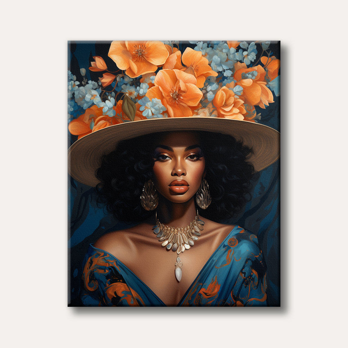 A vibrant painting of an elegant woman with dark hair wearing a wide-brimmed hat overflowing with orange and light blue flowers, adorned with golden jewelry.