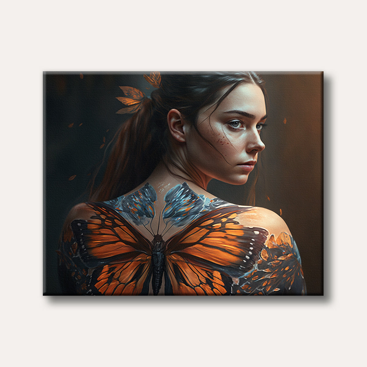 A young woman with long dark hair looks over her shoulder, revealing large, detailed orange and blue butterfly wings painted on her back, set against a dark, softly lit background in a realistic and artistic style.