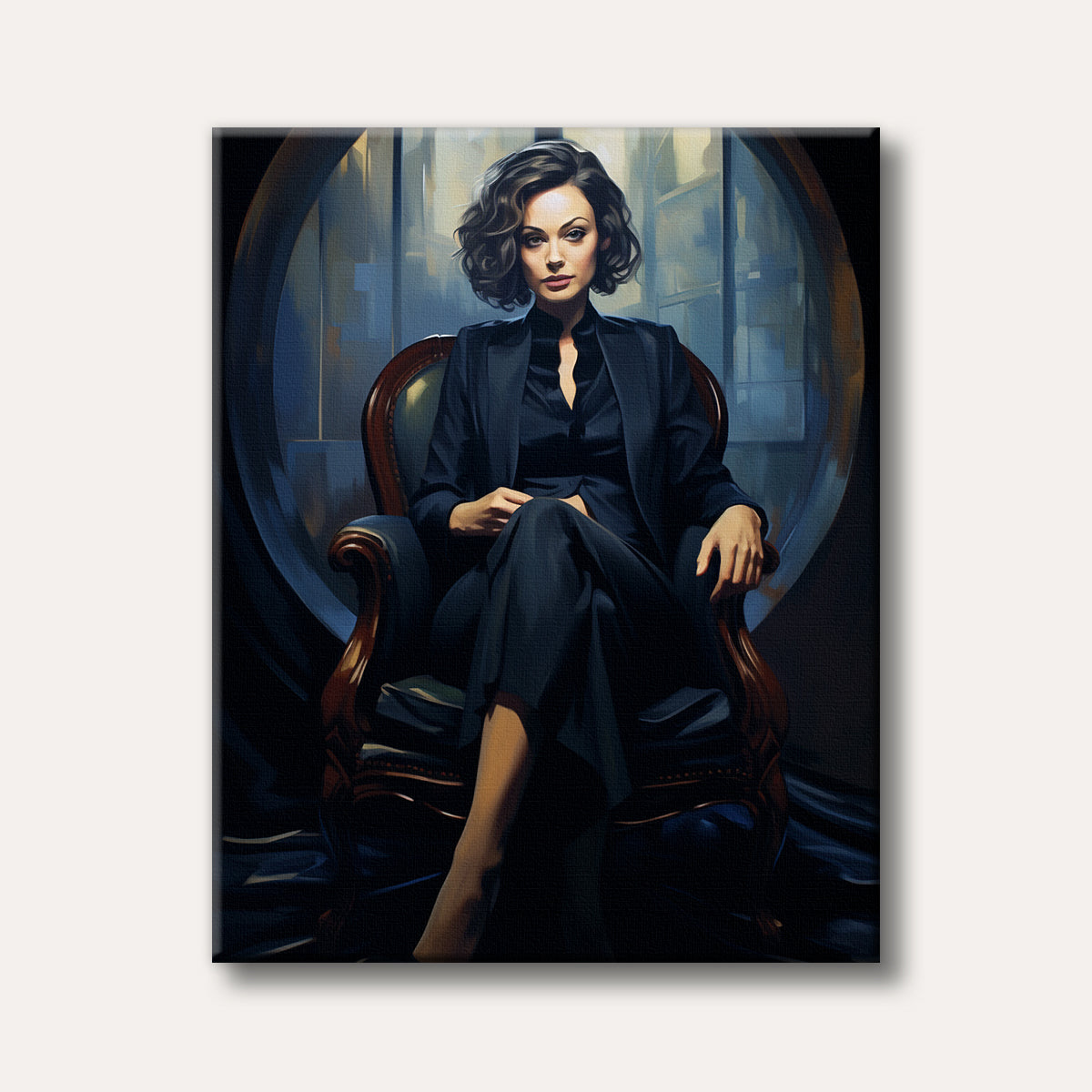 A sophisticated woman with short dark hair, dressed in a black suit, sits confidently in an ornate chair against a large circular window, depicted in a painterly, dramatic style.