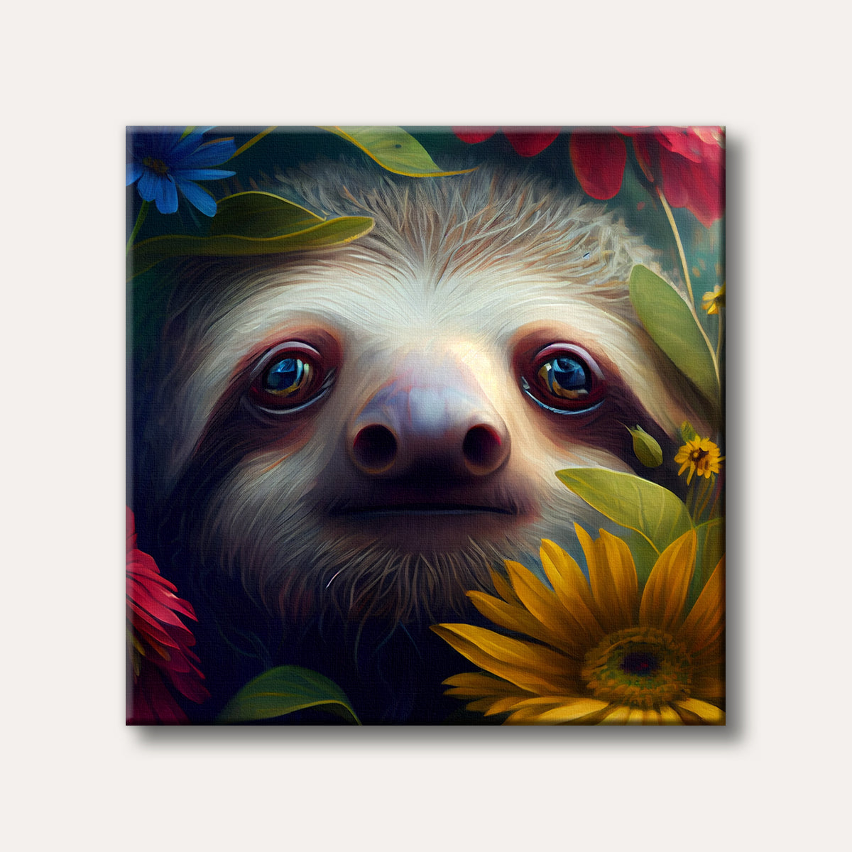 A close-up portrait of a sloth's face surrounded by vibrant red, blue, and yellow flowers, rendered in a realistic, detailed style with expressive eyes.