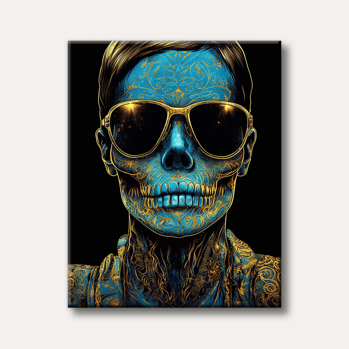 A bold artistic image of a skull-like head adorned with golden filigree patterns on a blue background, wearing sunglasses, set against a black backdrop, in a modern, illustrative style.