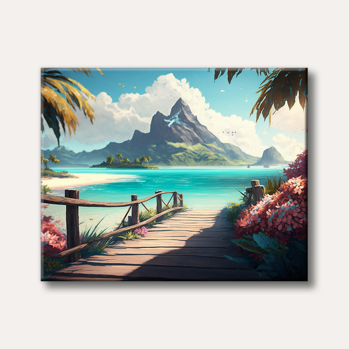 A vibrant tropical landscape featuring a wooden boardwalk extending towards crystal-clear turquoise waters and lush green mountains under a bright blue sky, painted in a detailed, inviting style.