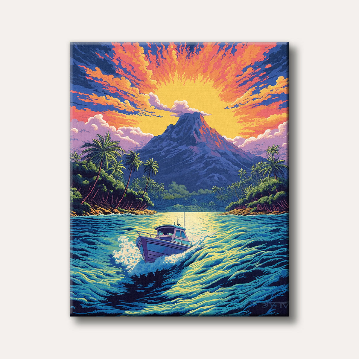 A vibrant pixel art illustration of a boat on a blue tropical ocean, sailing towards a volcanic island under an explosive orange and yellow sunset.