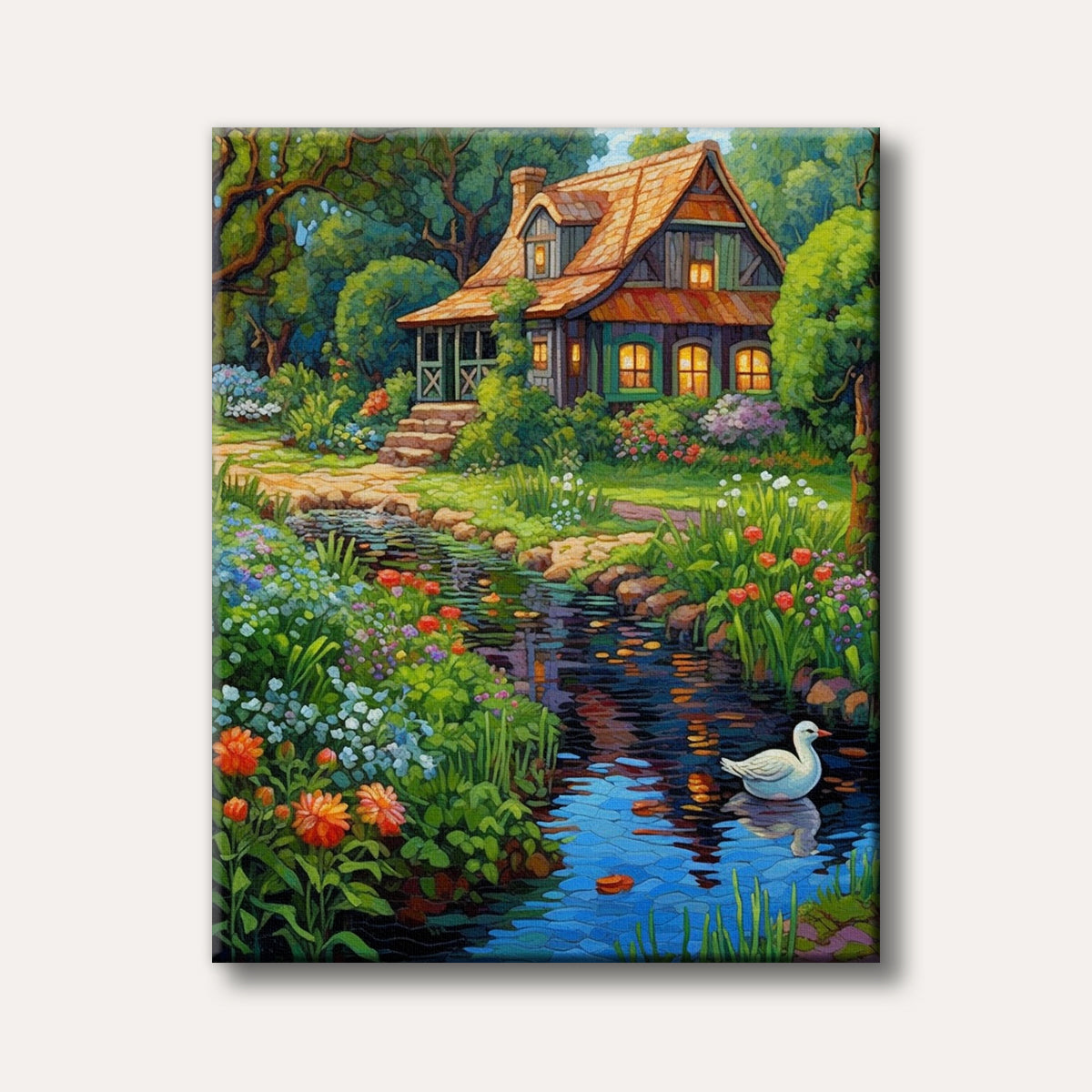A vibrant, colourful painting of a whimsical cottage nestled in a lush garden with a stream where a white swan peacefully floats, rendered in a distinctive segmented or mosaic-like style.