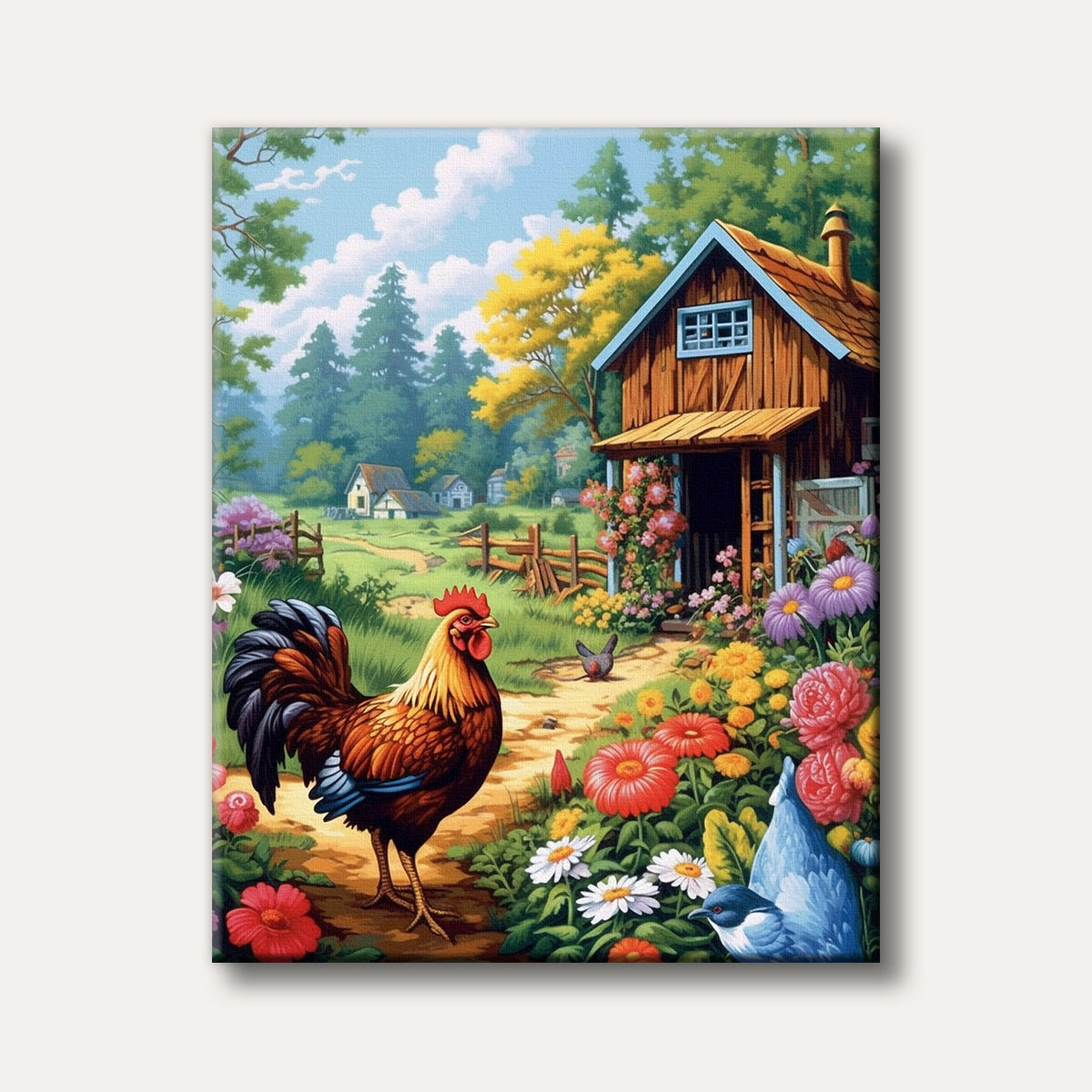 A vibrant rooster stands on a dirt path surrounded by colourful blooming flowers and green foliage, with a rustic wooden farmhouse and distant fields under a clear sky, rendered in a bright, illustrative style.