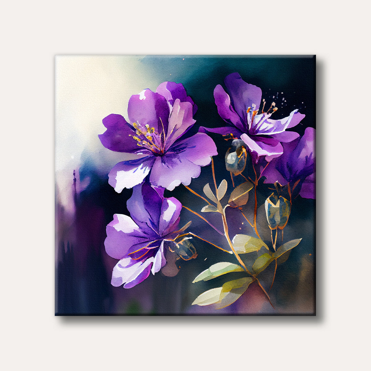 A vibrant watercolour painting of deep purple flowers with bright yellow centers, set against a dark, atmospheric background, conveying a serene and artistic mood.
