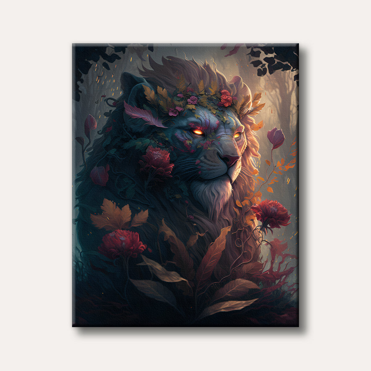 A majestic fantasy lion with luminous eyes and a crown of flowers and leaves emerges from a dark, mystical forest, rendered in a detailed, enchanting style.