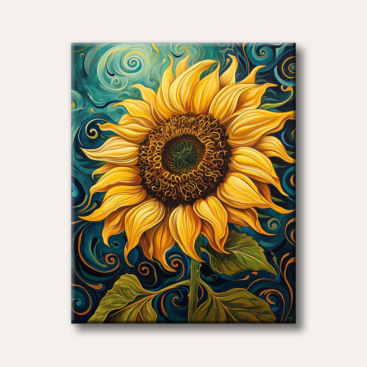 A large, vibrant sunflower with rich yellow and gold petals set against a dark, swirling teal and blue background, painted in a highly decorative and expressive style.