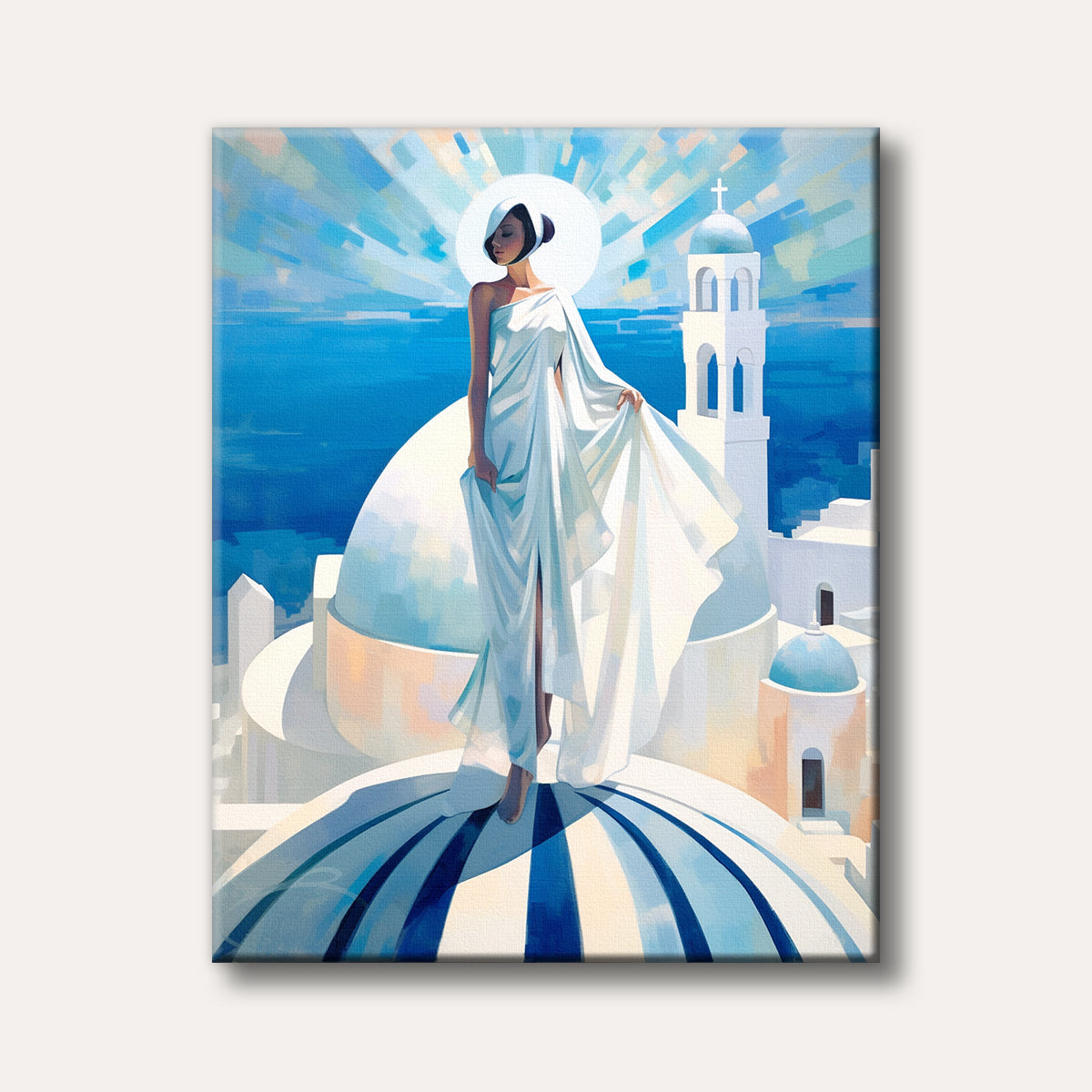 An elegant woman in a flowing white dress stands on a blue and white striped dome, overlooking a white Greek village and the bright blue sea under a radiant sky, painted in a modern, ethereal style.