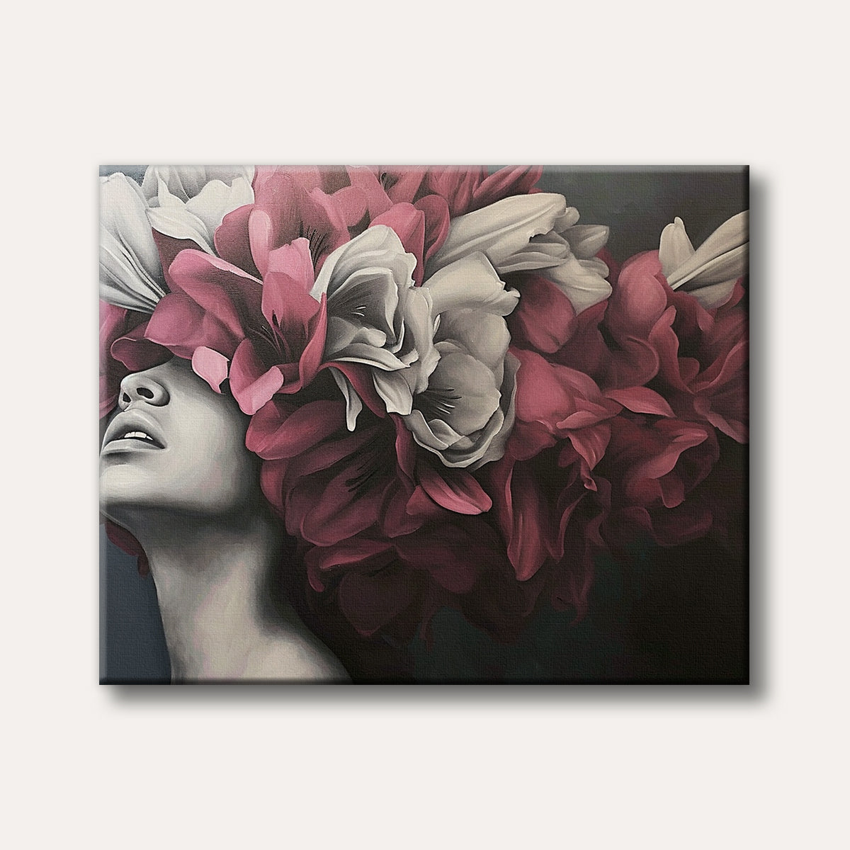 A side profile of a woman's face adorned with a voluminous crown of pink and white flowers, painted in a realistic and dramatic style against a dark background.