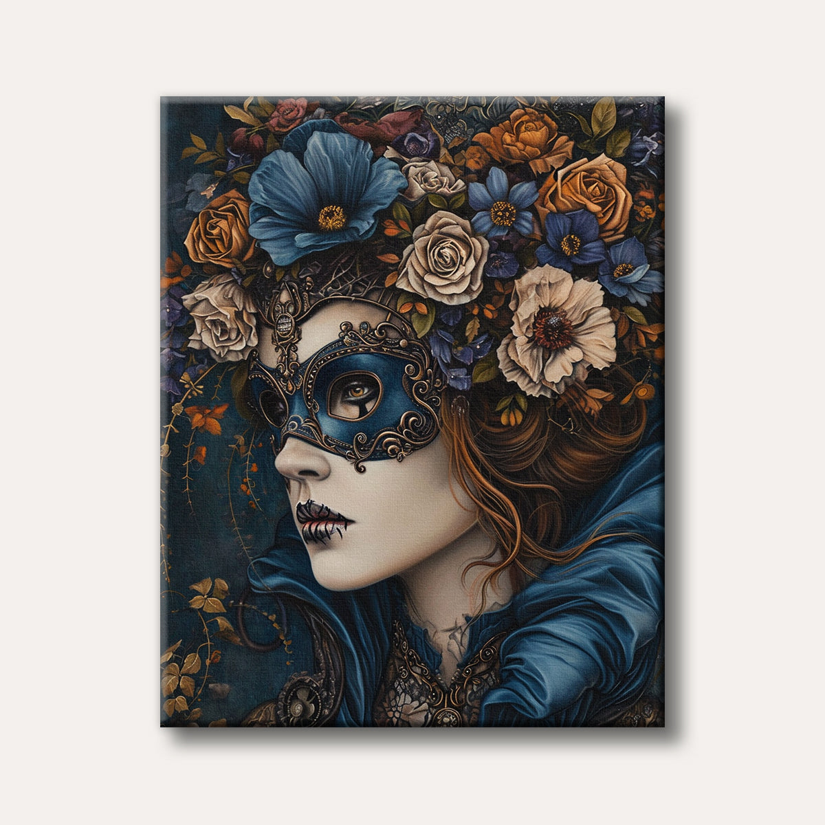 A captivating portrait of a woman wearing an ornate blue Venetian mask and a large, intricate floral headpiece with autumn colours, rendered in a gothic fantasy art style.
