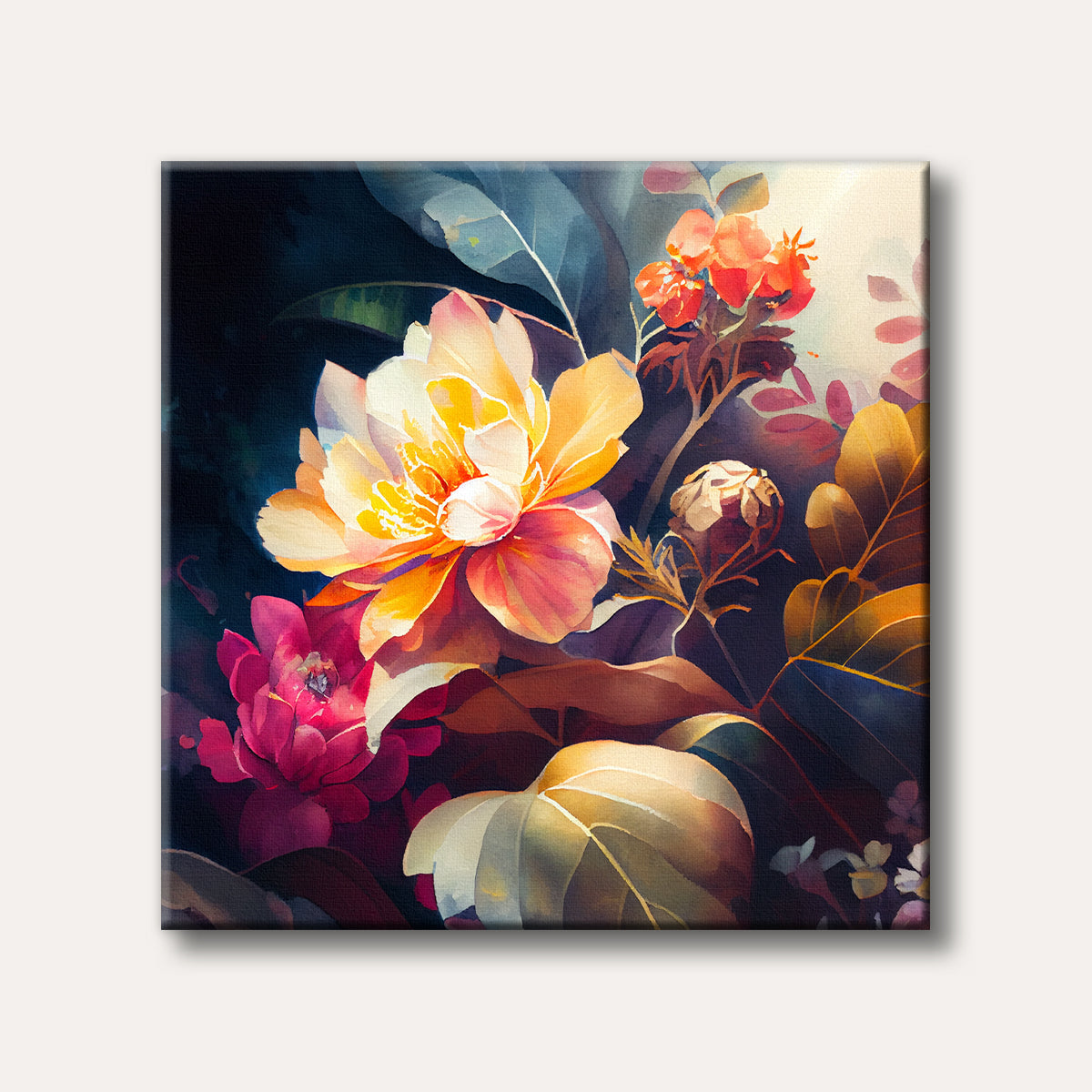 A close-up watercolour painting of vibrant orange, yellow, and fuchsia flowers with warm-toned leaves on a dark background, rendered in a bright, expressive style.