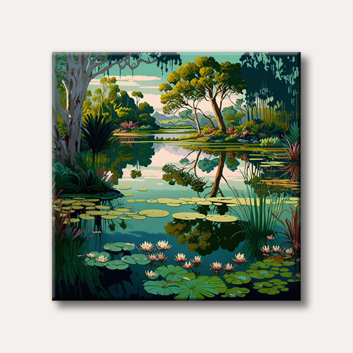 A vibrant painting of a serene pond filled with lily pads and blooming water lilies, surrounded by lush green trees and their reflections, rendered in a stylized, illustrative manner.