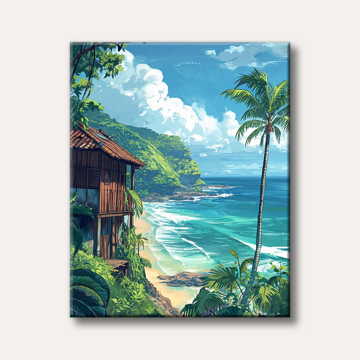 A vibrant, illustrative painting of a secluded wooden house nestled on a lush green cliff overlooking a tranquil turquoise beach with a towering palm tree, under a bright blue sky.