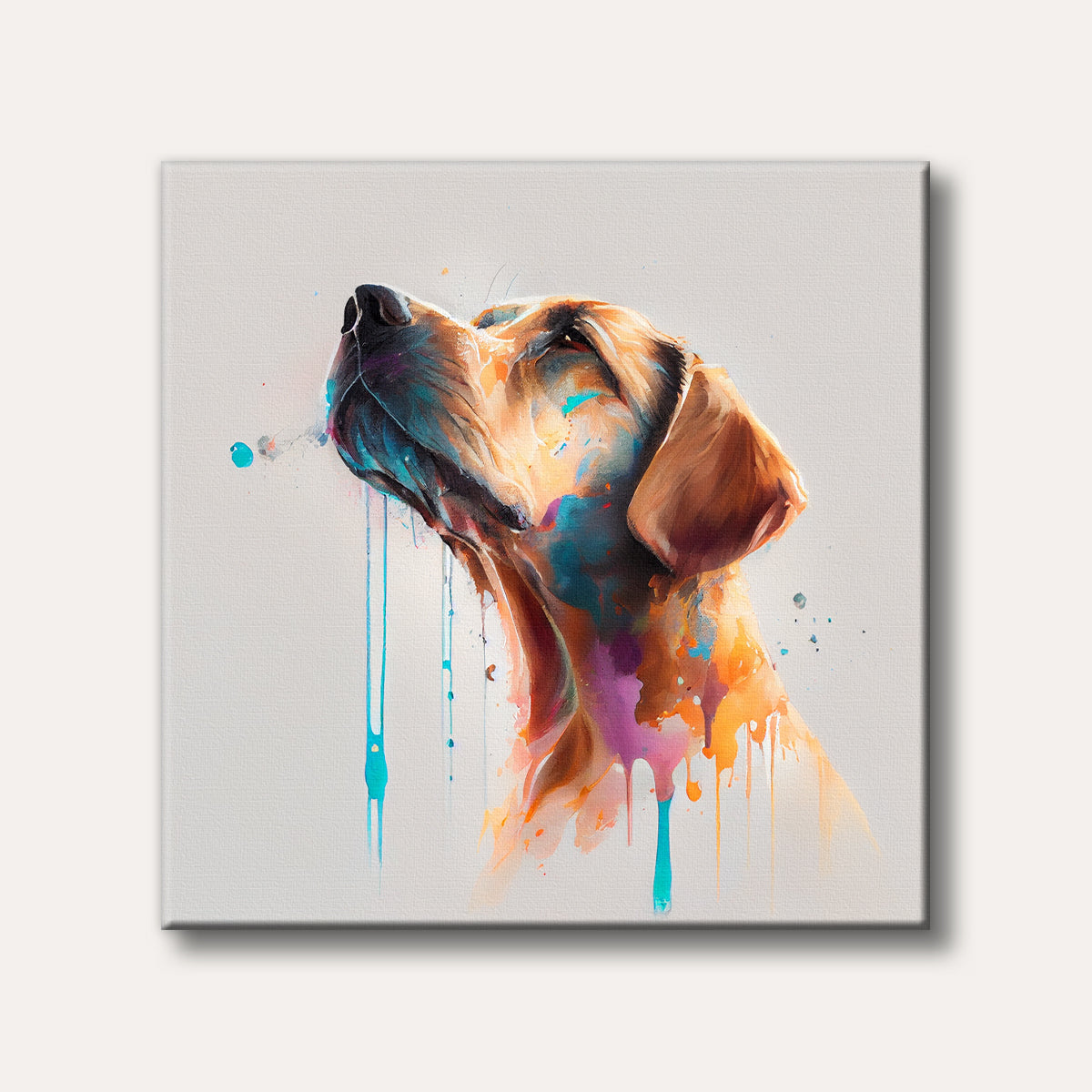 A vibrant watercolour painting of a dog's head looking upwards, featuring splashes and drips of orange, teal, and purple on a light background.