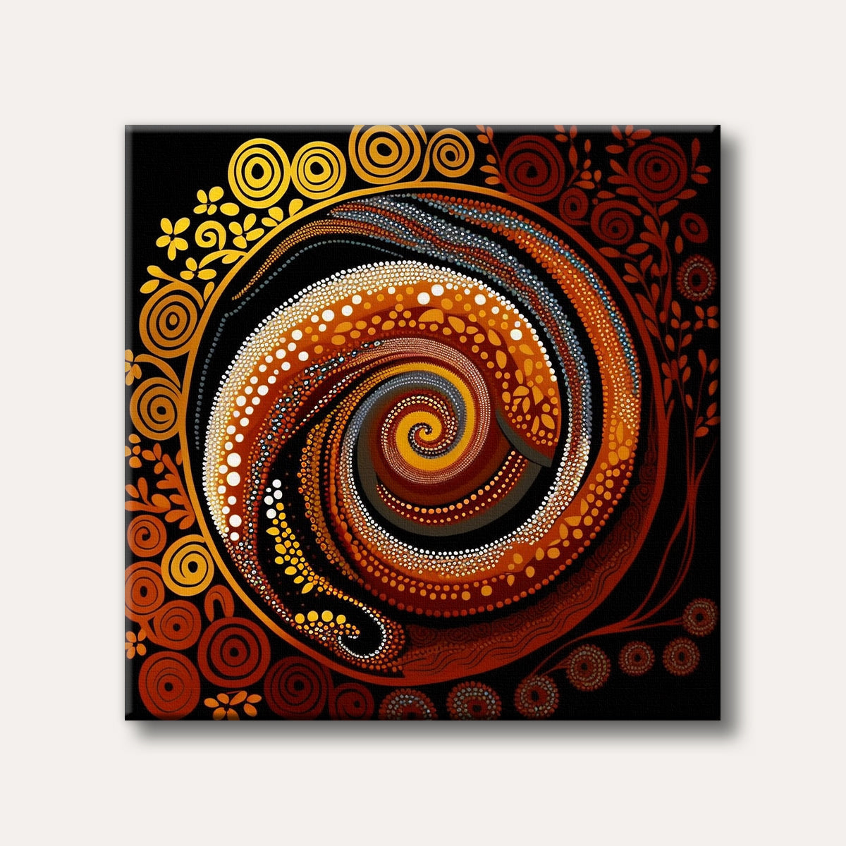 An intricate abstract painting featuring a large spiral made of multi-coloured dots in shades of orange, yellow, and brown, surrounded by traditional Aboriginal-inspired patterns on a black background, conveying a vibrant and cultural mood.