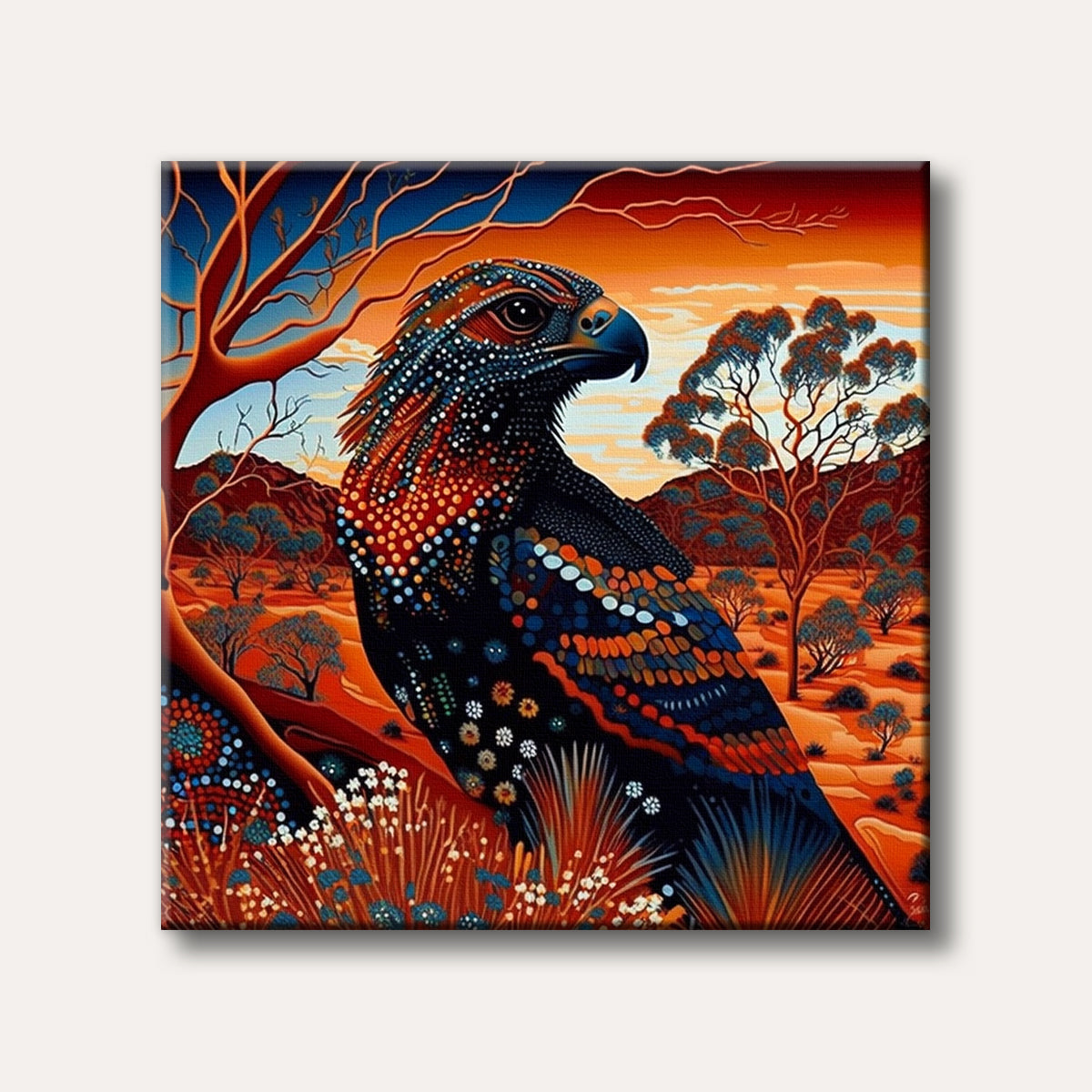 A stylized eagle depicted in indigenous dot art style, set against a vibrant orange desert landscape with sparse trees and mountains.