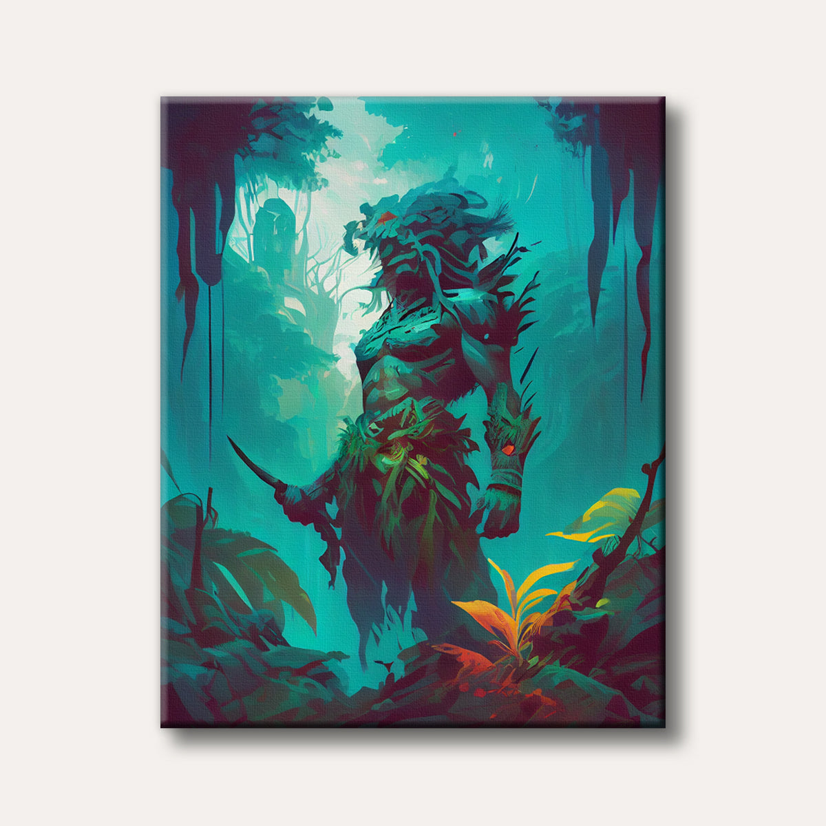 An imposing tribal warrior figure made of leaves and bark stands in a vibrant teal and green jungle, holding a dagger, depicted in a stylized fantasy art style.