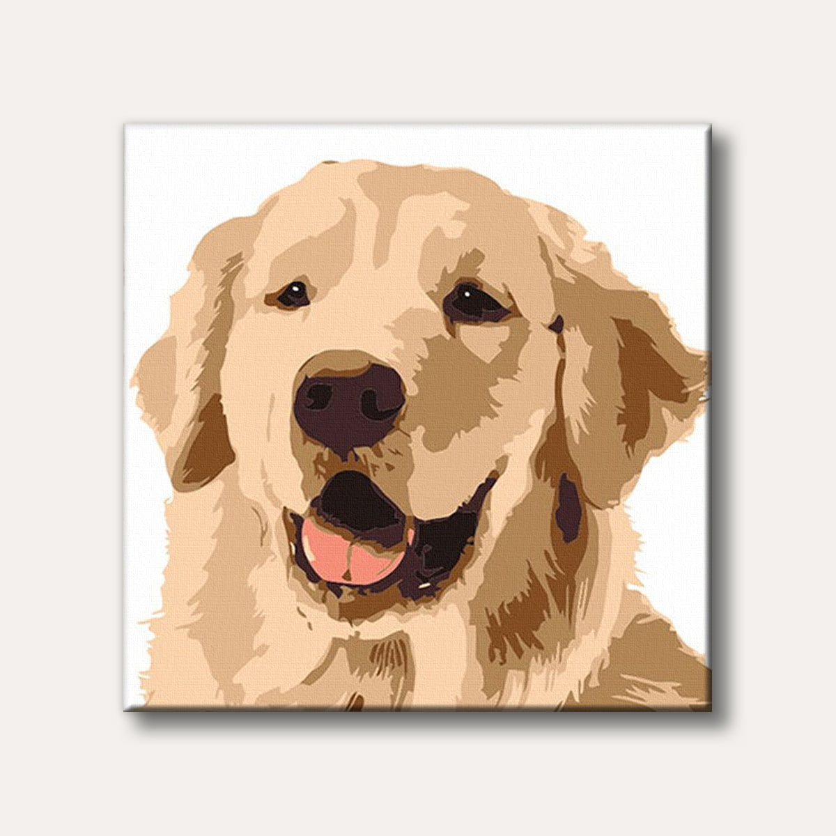 A close-up portrait of a happy Golden Retriever dog with its tongue slightly out, rendered in a simplified, graphic art style on a white background.