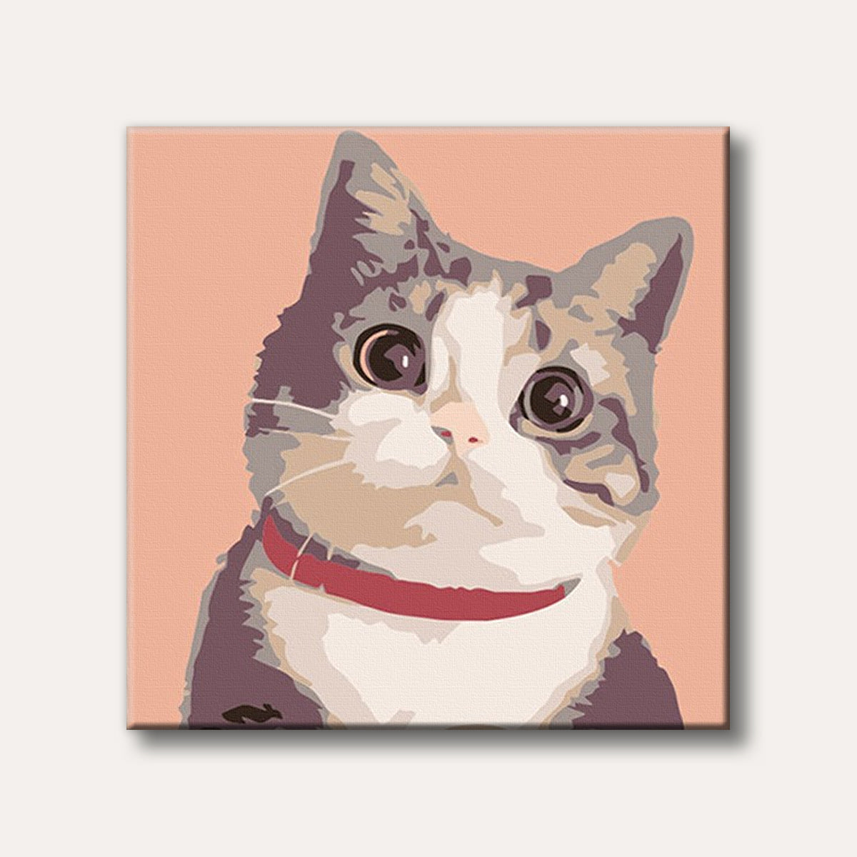 A stylized close-up portrait of a domestic cat with wide, curious eyes and a red collar, set against a soft peach background.