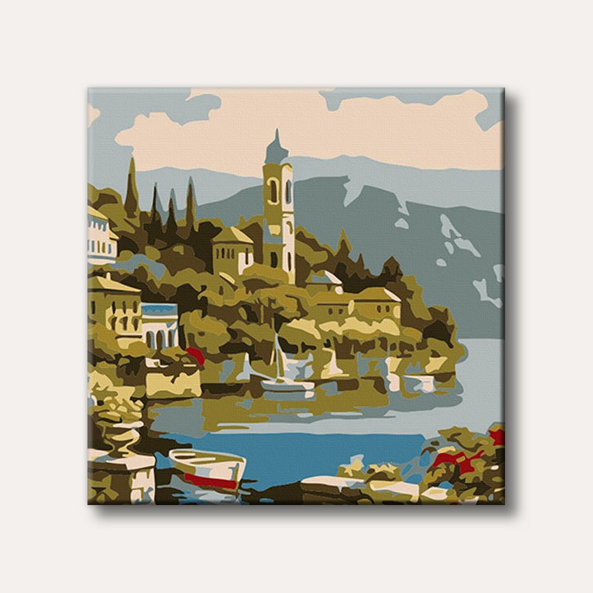 A stylized depiction of a vibrant coastal village with a prominent church tower, boats in a calm bay, and lush hills, rendered in a flat, illustrative style.
