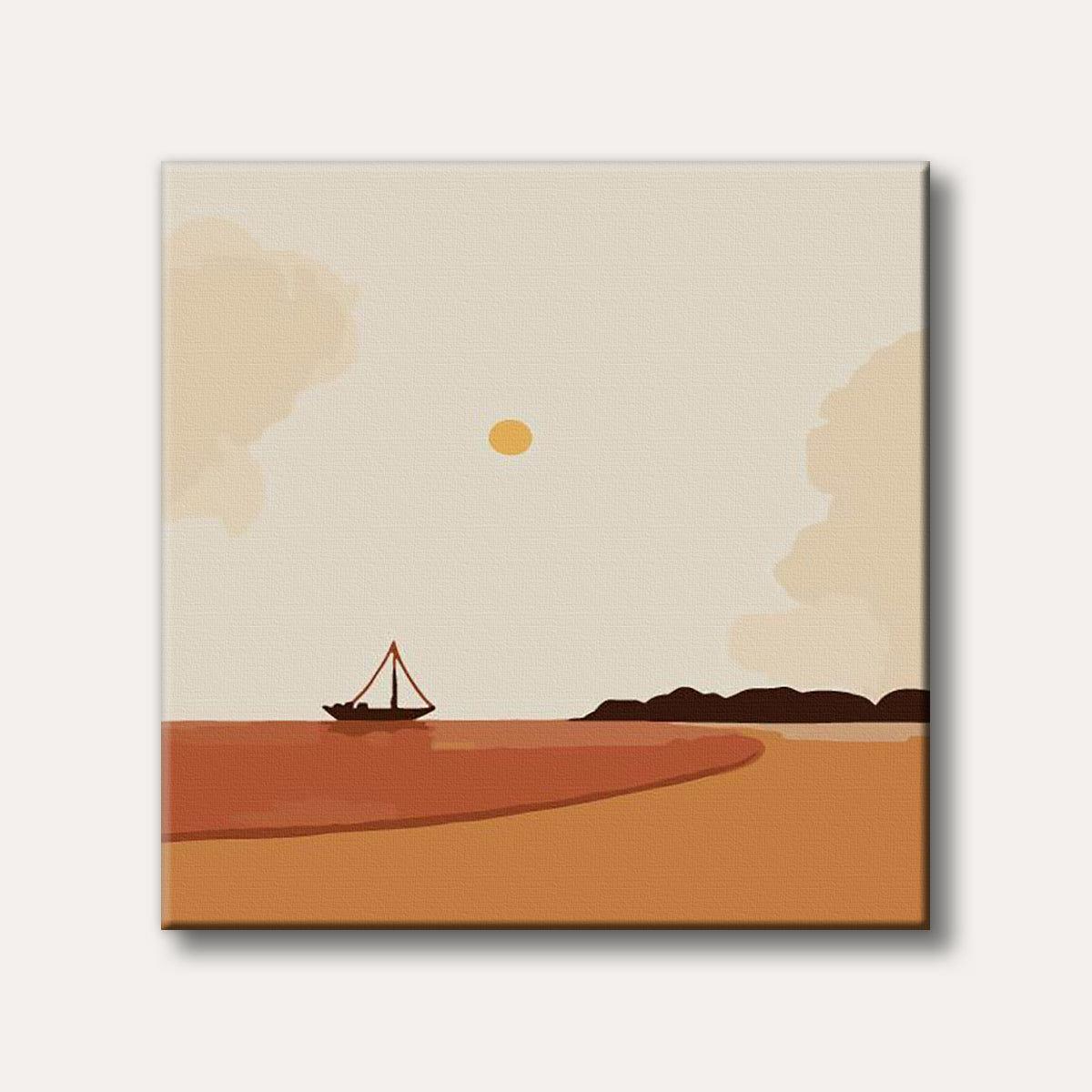 A minimalist, abstract illustration of a dark sailboat on calm, reddish-brown water under a pale beige sky with a simple yellow sun, evoking a peaceful, modern aesthetic.