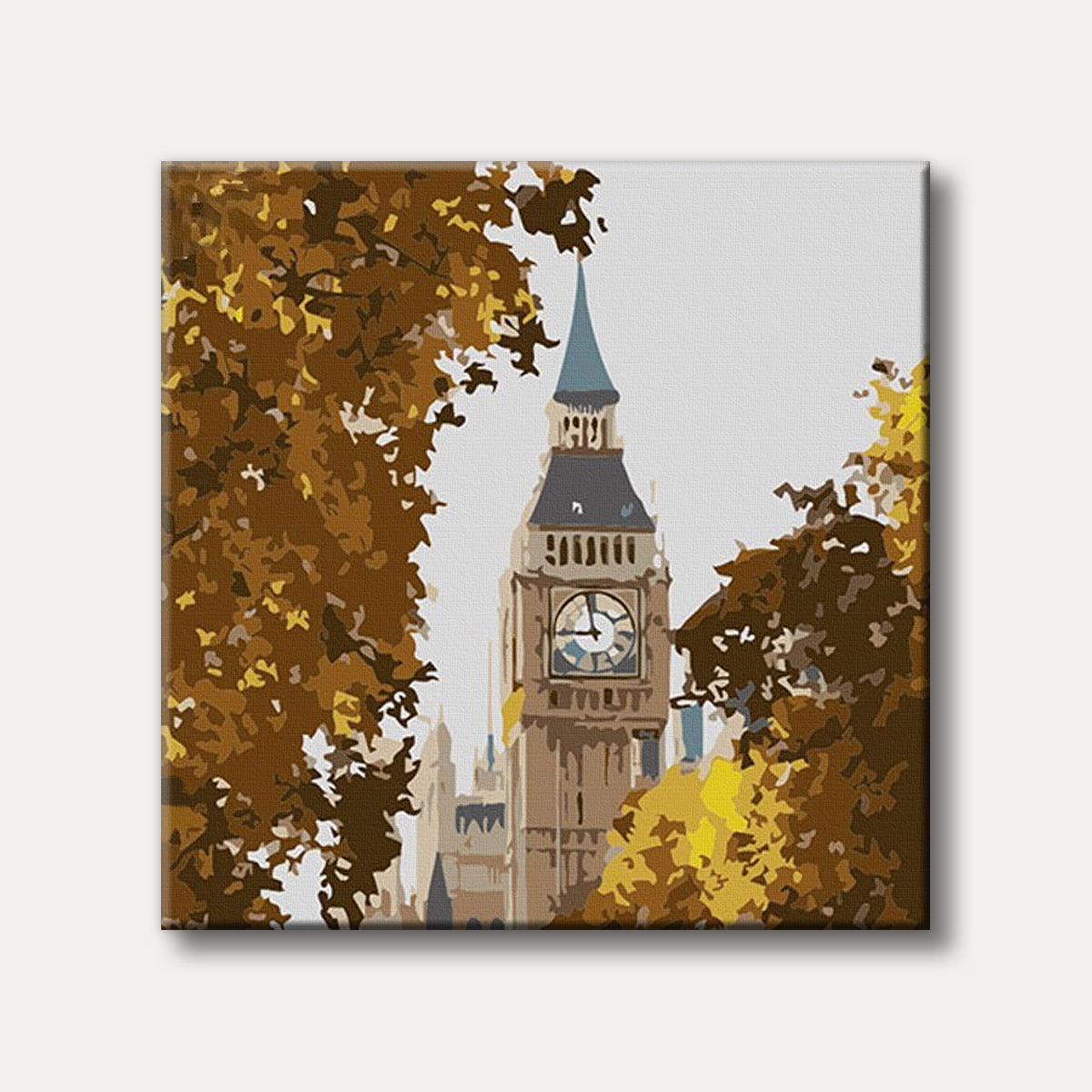 A simplified illustration of Big Ben tower, framed by warm brown and yellow autumn foliage, against a light sky, depicting an iconic London landmark.