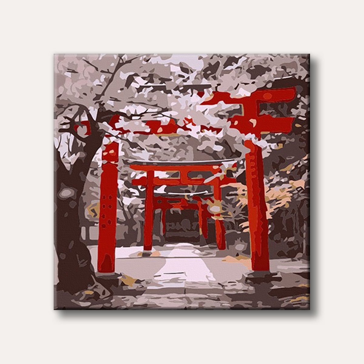 A pathway lined with vibrant red Japanese torii gates under blooming trees, depicted in a block-style painting.
