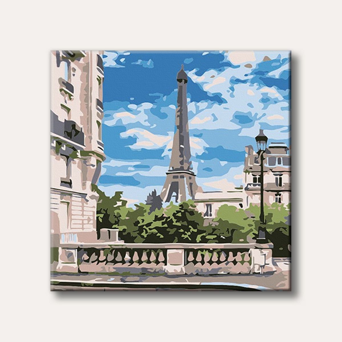 A stylized depiction of the Eiffel Tower viewed from a Parisian street, flanked by beige buildings and green trees under a blue sky with white clouds.