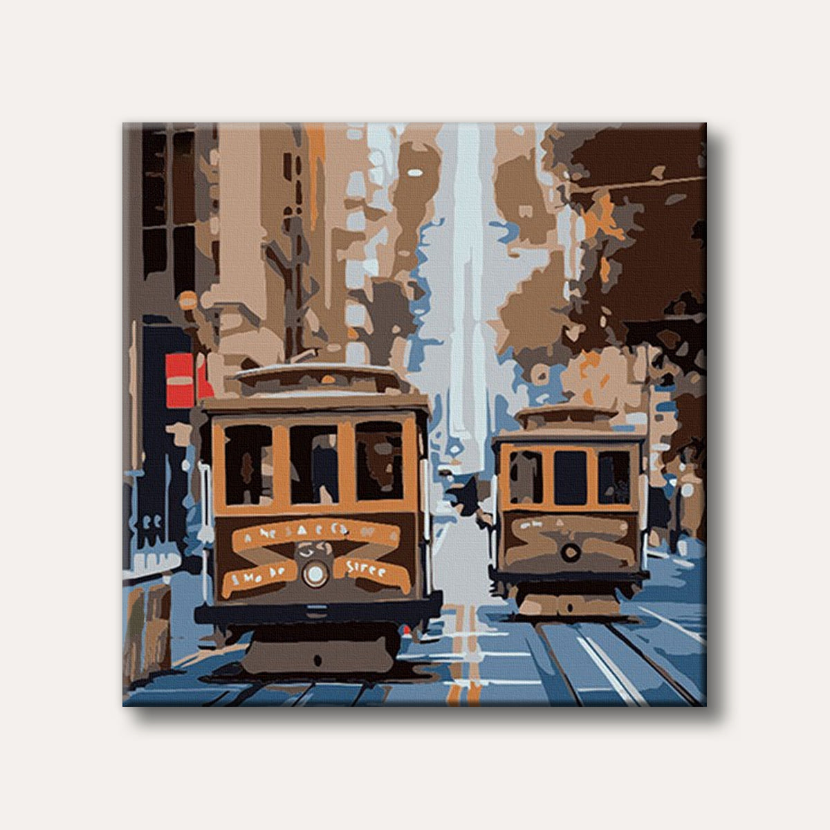Two iconic San Francisco cable cars travel down a city street with buildings in the background, depicted in a stylized, blocky art style with brown and blue tones.